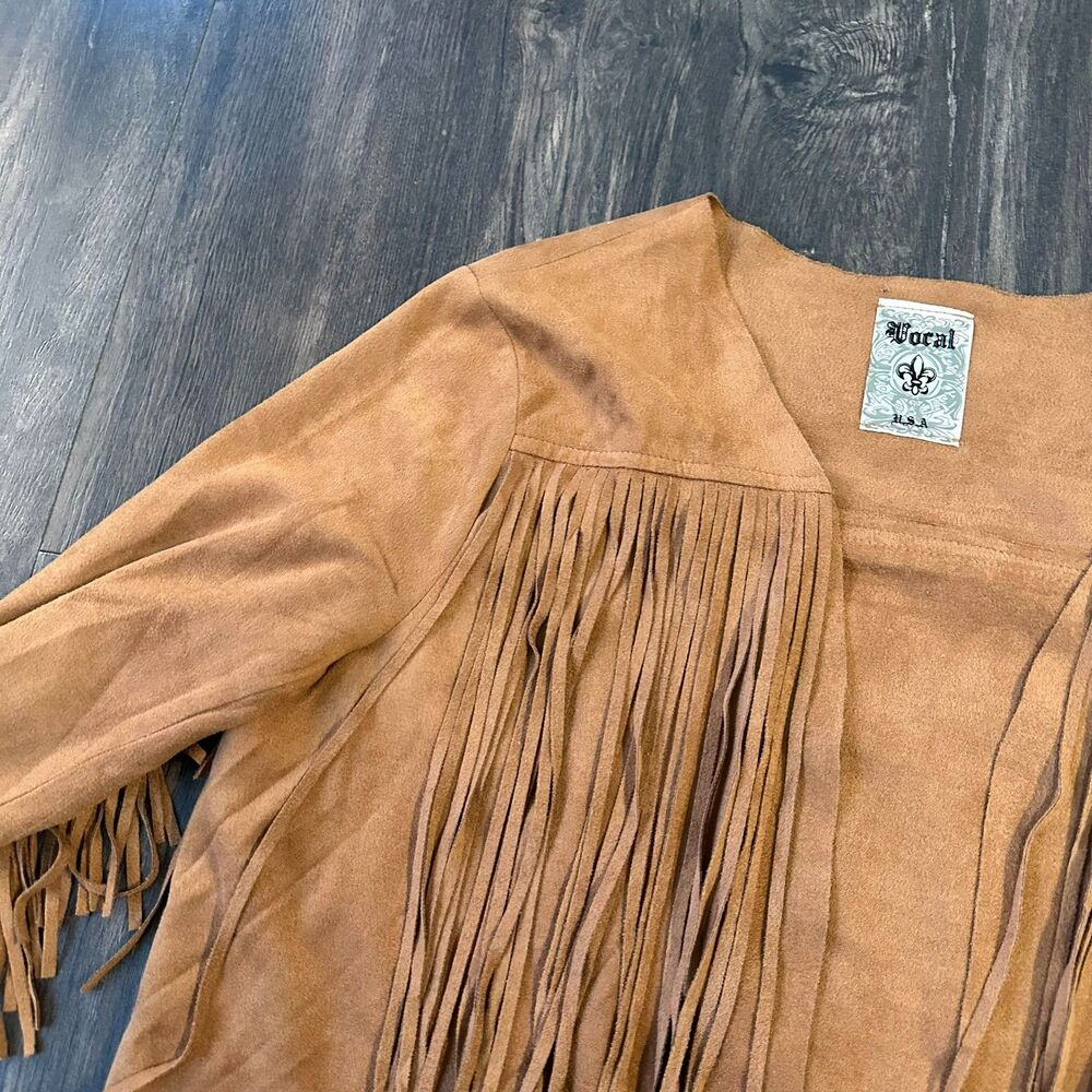 Brown Full Fringe Light Jacket Faux Suede Open Front Western Crop fit Size Large - Picture 5 of 8